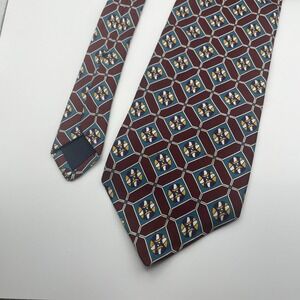 Boston Trader Geometric Pattern Silk Blend Necktie Burgundy Blue Yellow Mens